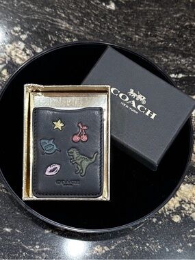 Coach Rexy  Black Leather Card Case with Colorful  Patch design *new